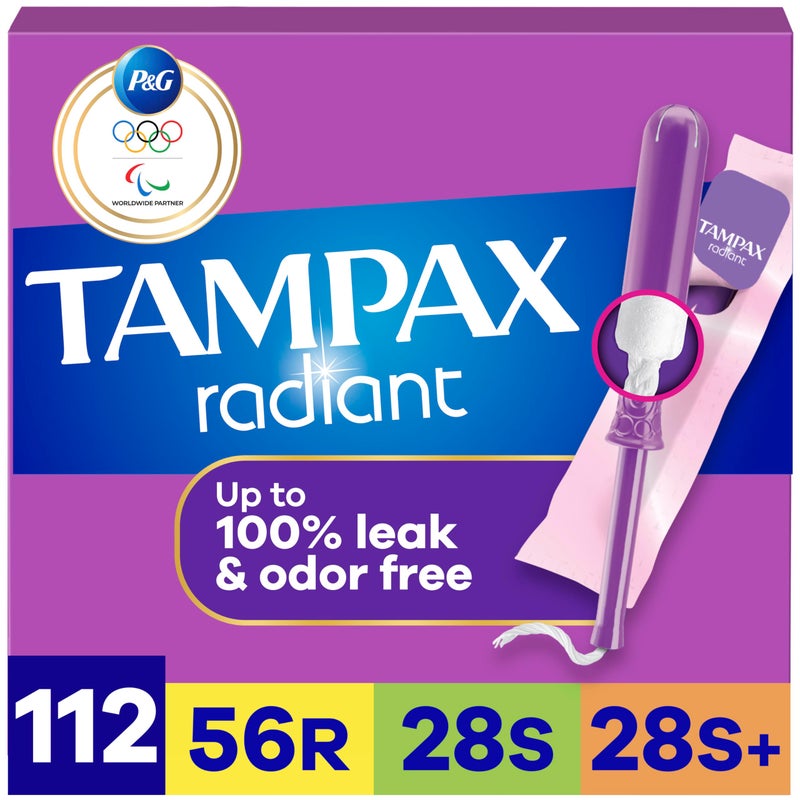 Tampax Radiant Tampons for Women Multipack, with LeakGuard Braid, Regular/Super/Super Plus Absorbency, Unscented, 112 Count (4 Packs of 28) - Image 1